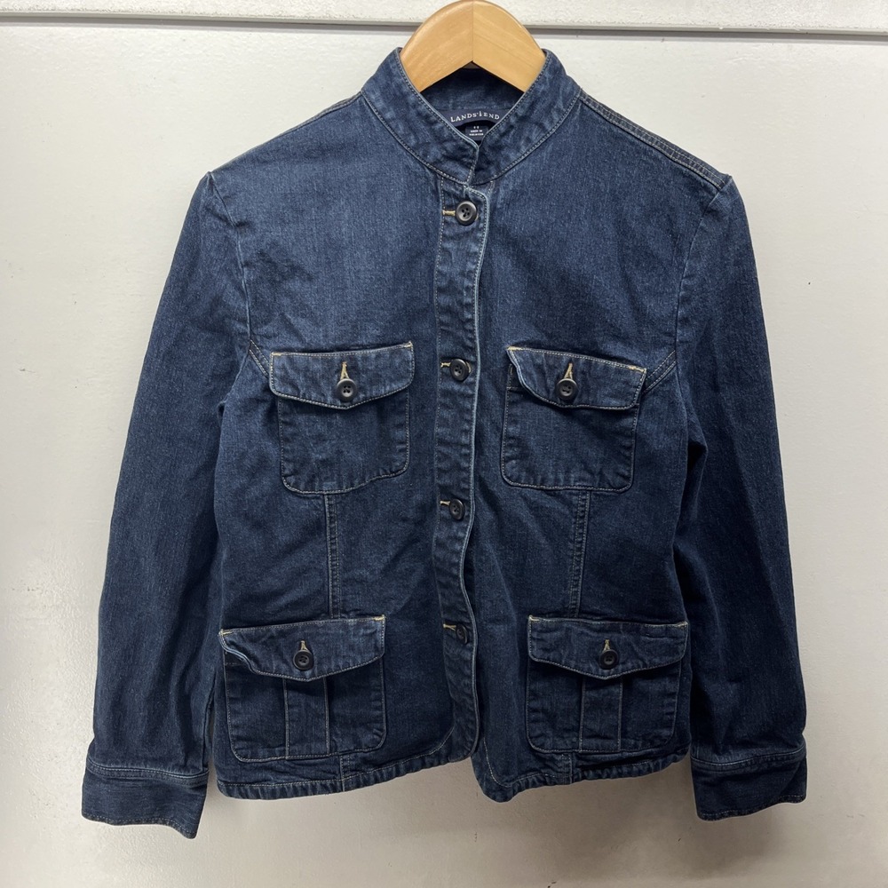 Lands End Jacket Denim Women's Size S (6-8) Collarless Button Flaps